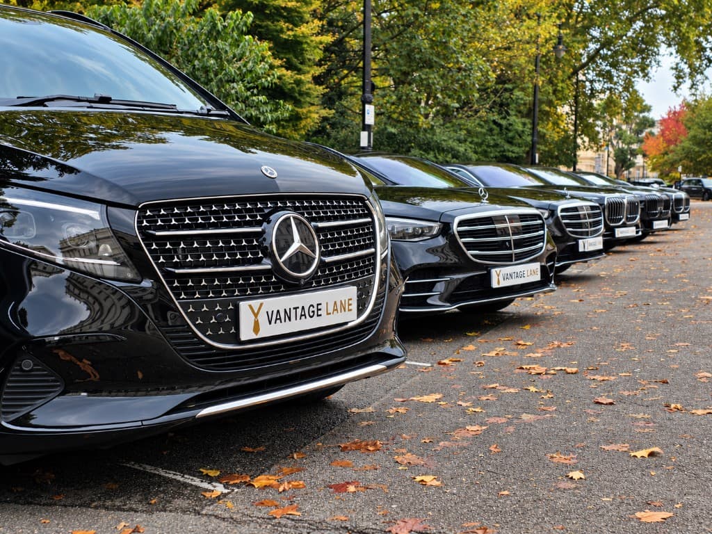 Vantage Lane fleet of black luxury Mercedes and BMW chauffeur vehicles