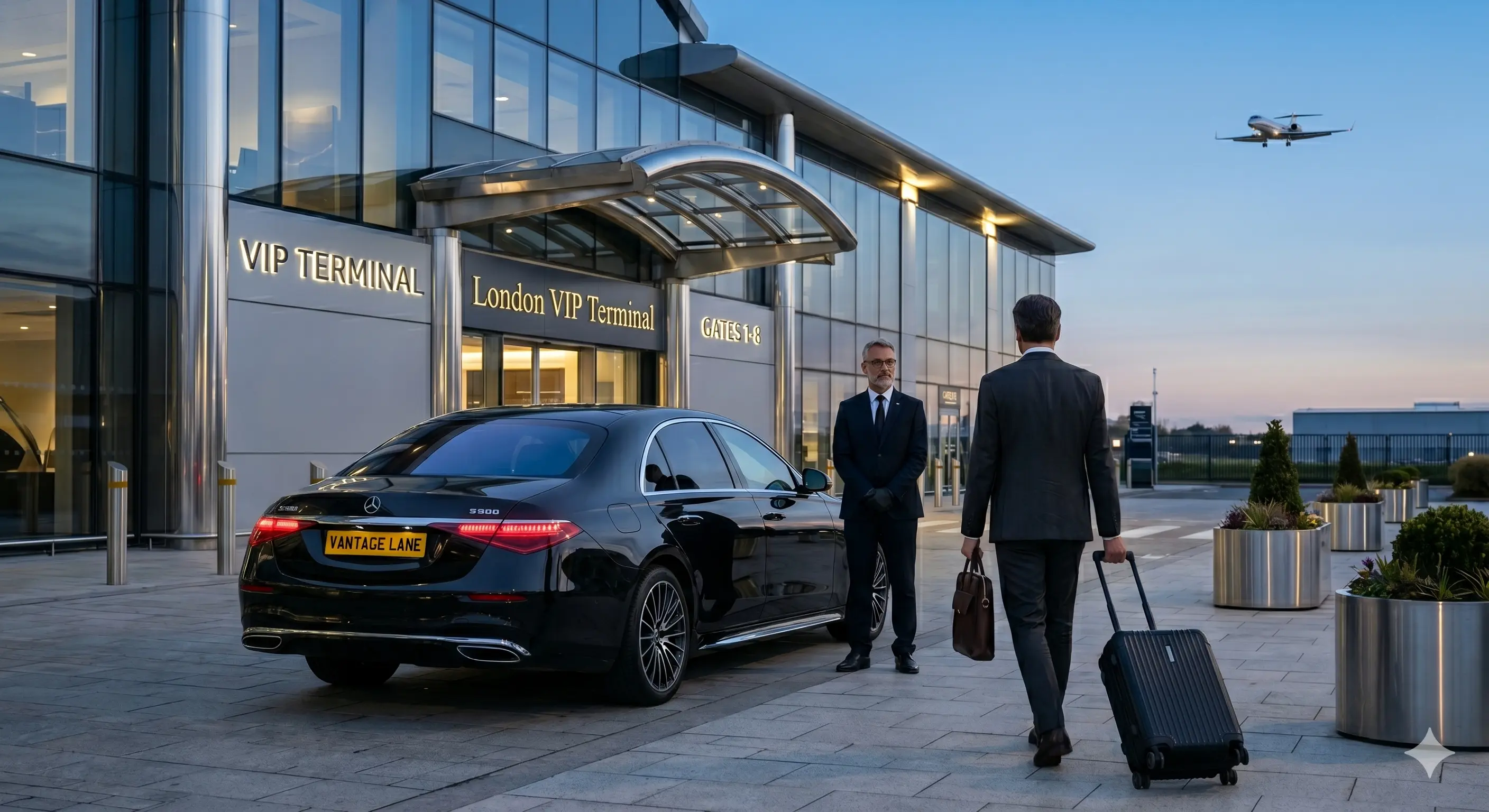 Chauffeur greeting executive at London VIP Terminal with Mercedes S-Class