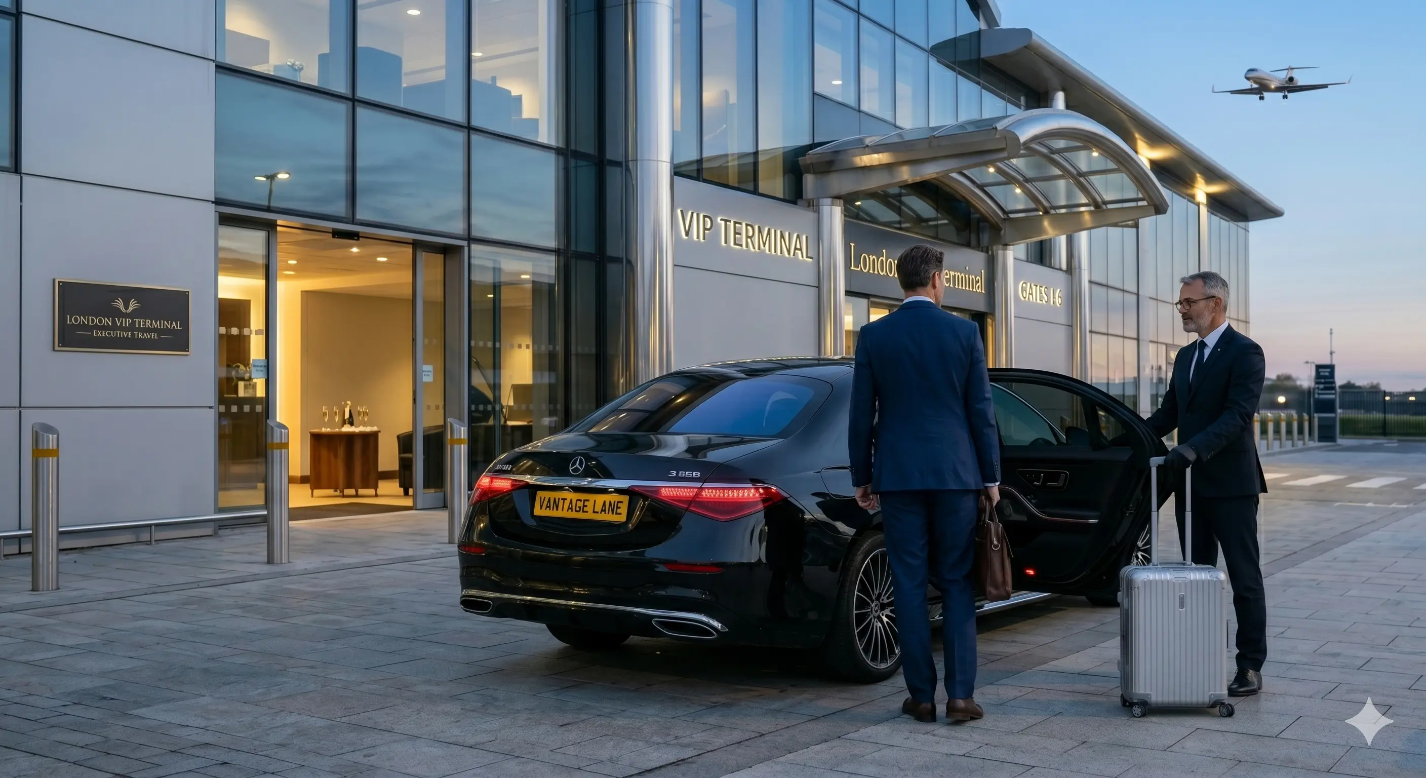 Chauffeur greeting executive at London VIP Terminal with Mercedes S-Class