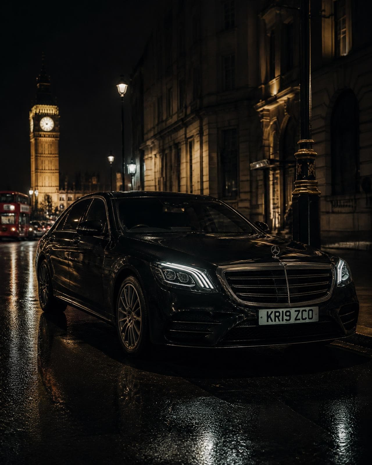 Mercedes S-Class chauffeur in London at night — Vantage Lane Daily Hire